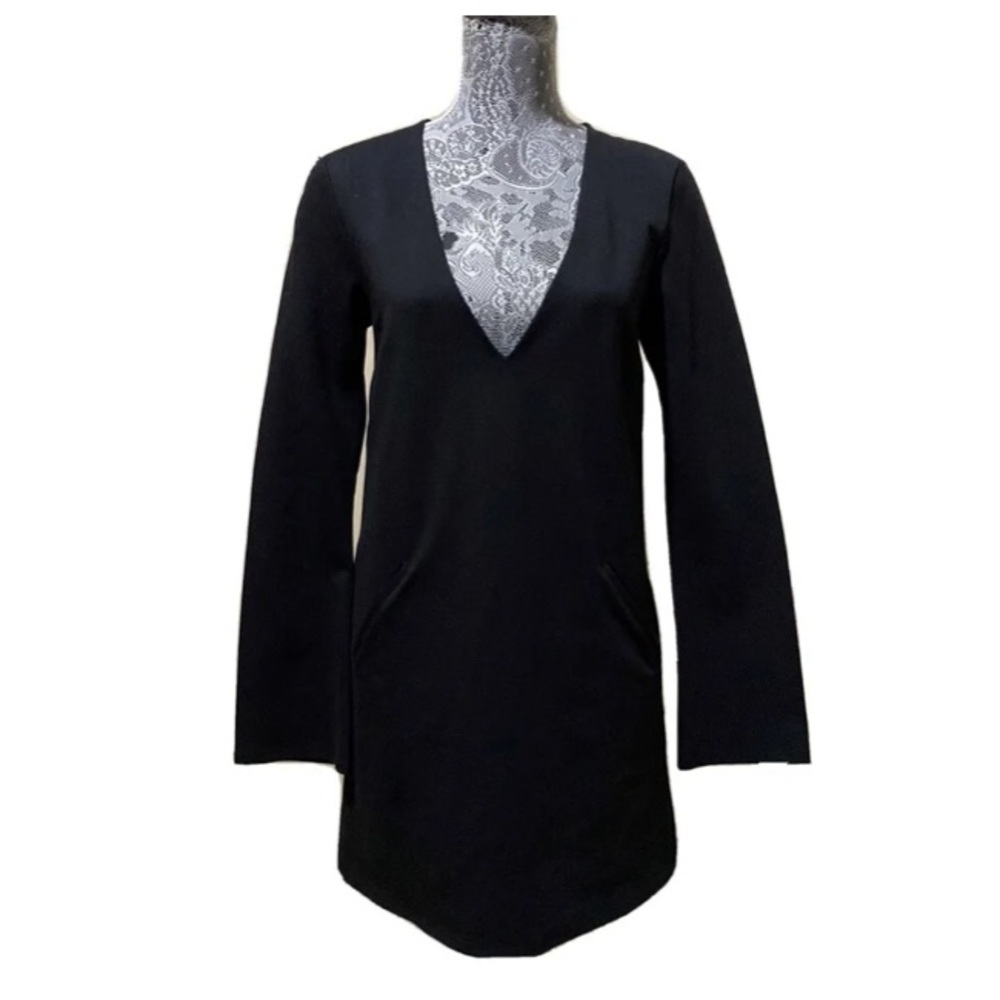 Silence & Noise Bell Long Sleeve Deep V Front Pockets Tunic Dress Black Sz M blk